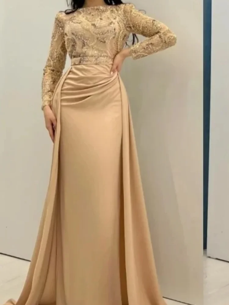 Exquisito vestido de baile de manga larga para ocasiones formales, chal de sirena, vestido de noche de satén con arrastre en el suelo 2024