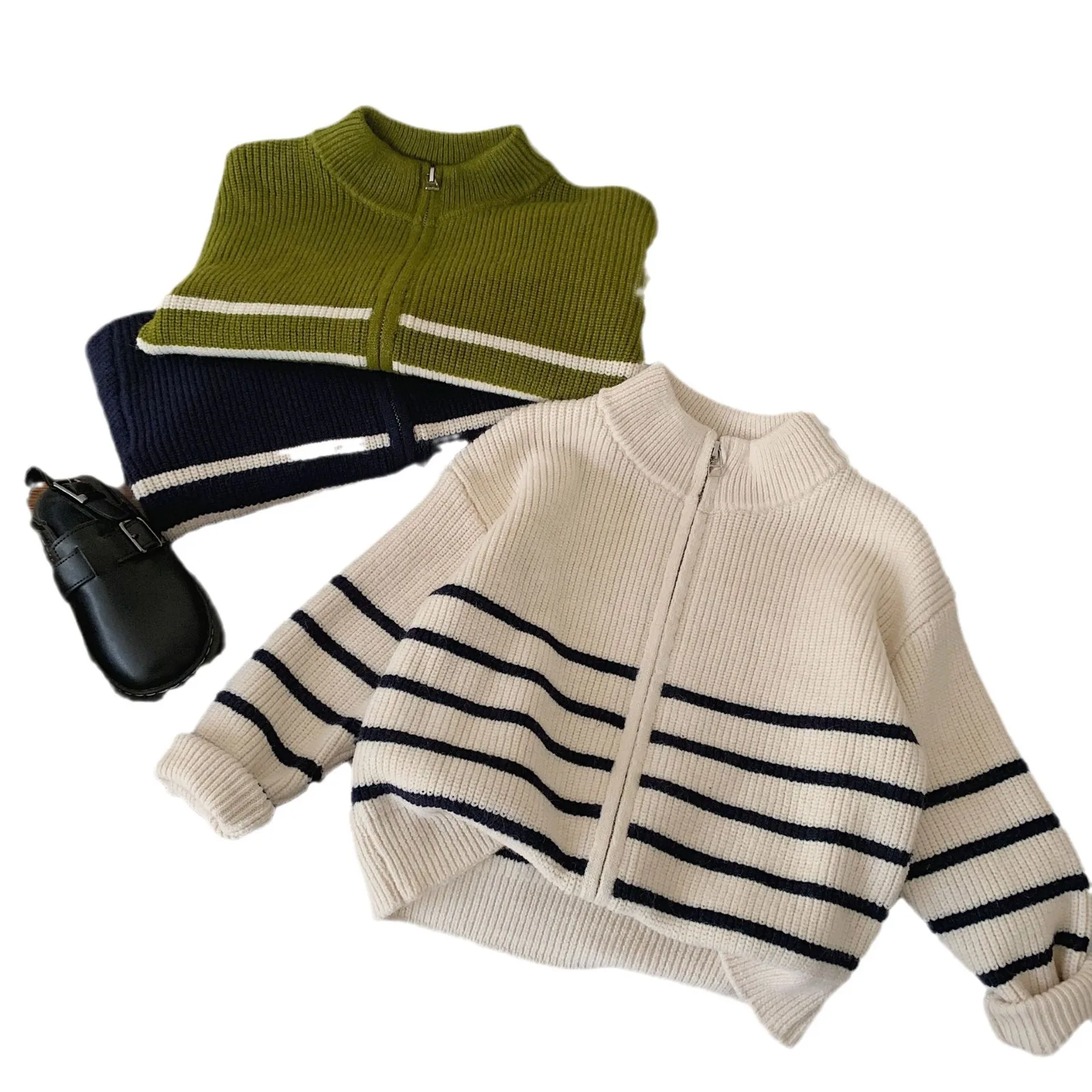 2024 Autumn Childrens Boys Coat Cotton Knitted Striped Zipper Baby Boys Sweater Warm Versatile Kids Boys Casual Cardigan