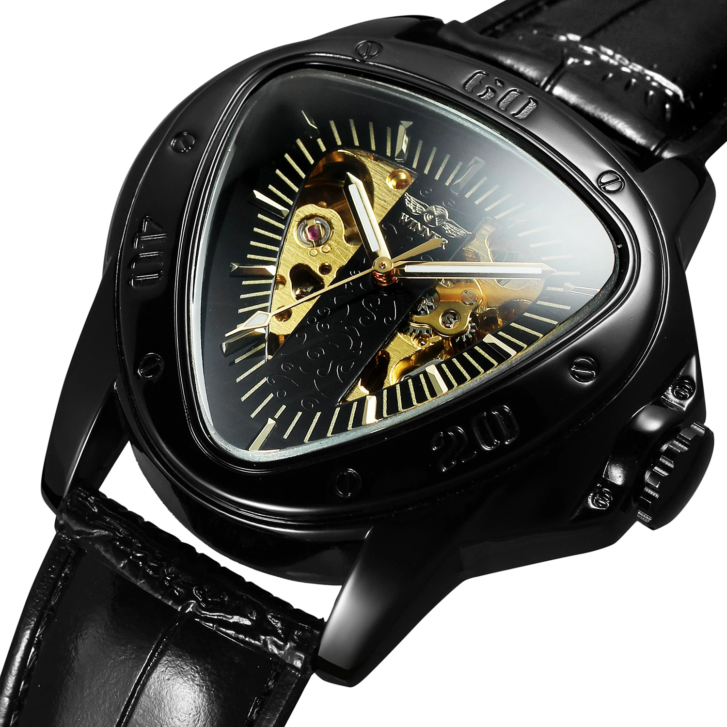 

T-WINNER повседневные спортивные мужские часы автоматические механические треугольные кожаные ремешки наручные часы со скелетом полые гоночные подарки часы