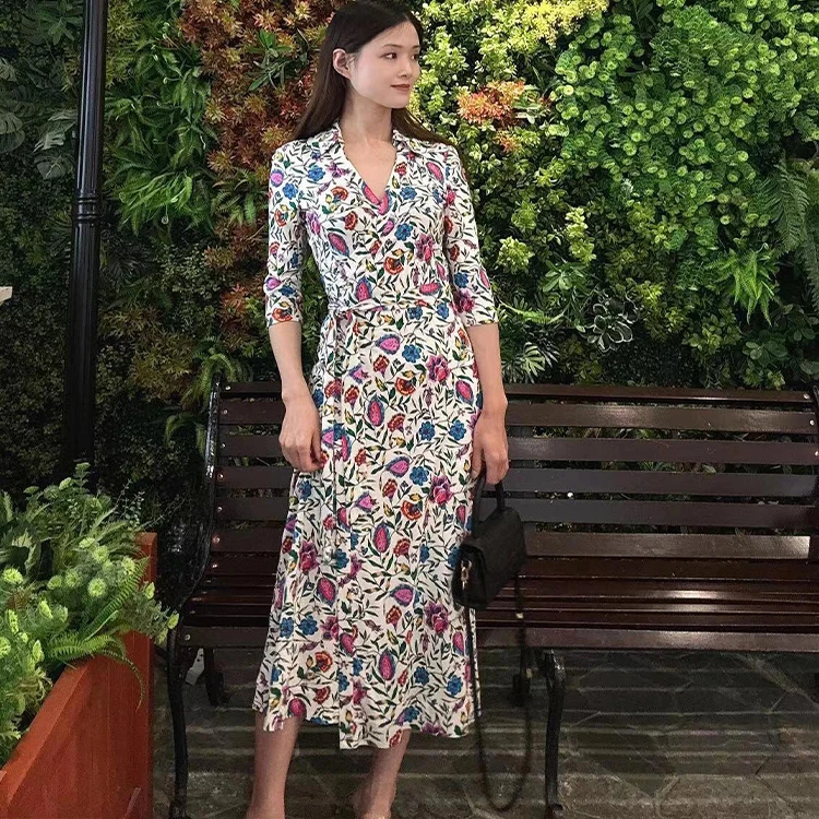 Fre Sle Bloemenprint Wrap Dr met Riem Elastisch Gebreid Zomer Nieuwe Collectie Dames Faion Midi Rok Gordel Bodycon Dr