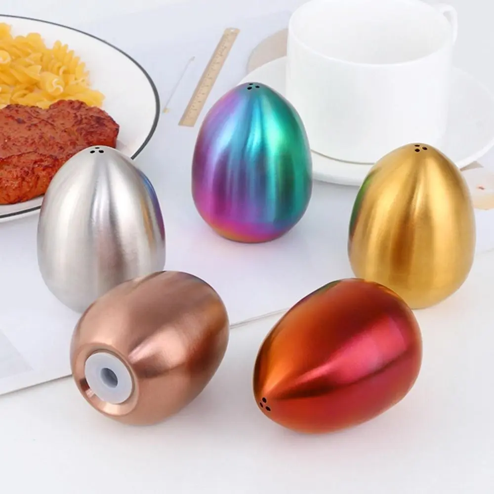 Egg Shape Stainless Steel Condiment Jar Utensils Salt Pepper Shaker for Cooking Upright 3-hole Kitchen Seasoning Container