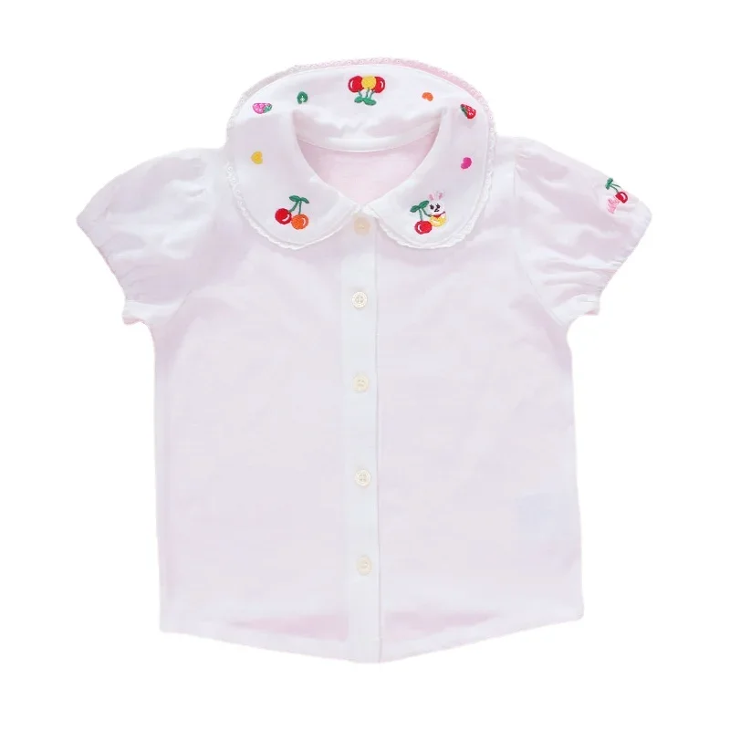 Japanese Girl Cartoon Cherry Blossom Rabbit Embroidery Short-sleeved Shirt with A T Piece