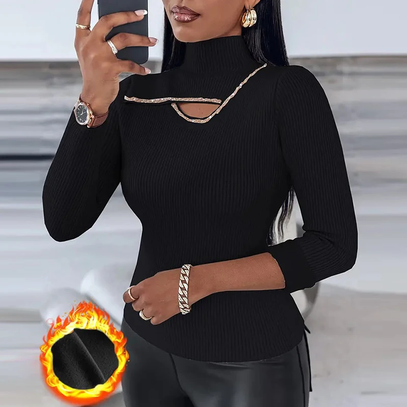 Outono inverno camisola de gola alta feminina manga longa lã quente blusas para mulheres casual oco para fora topos jumper moda pulôver