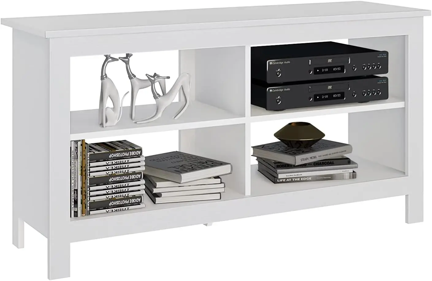 43-Inch White Farmhouse TV Stand with 4 Open Shelves, Media Console for TVs up to 50 Inches