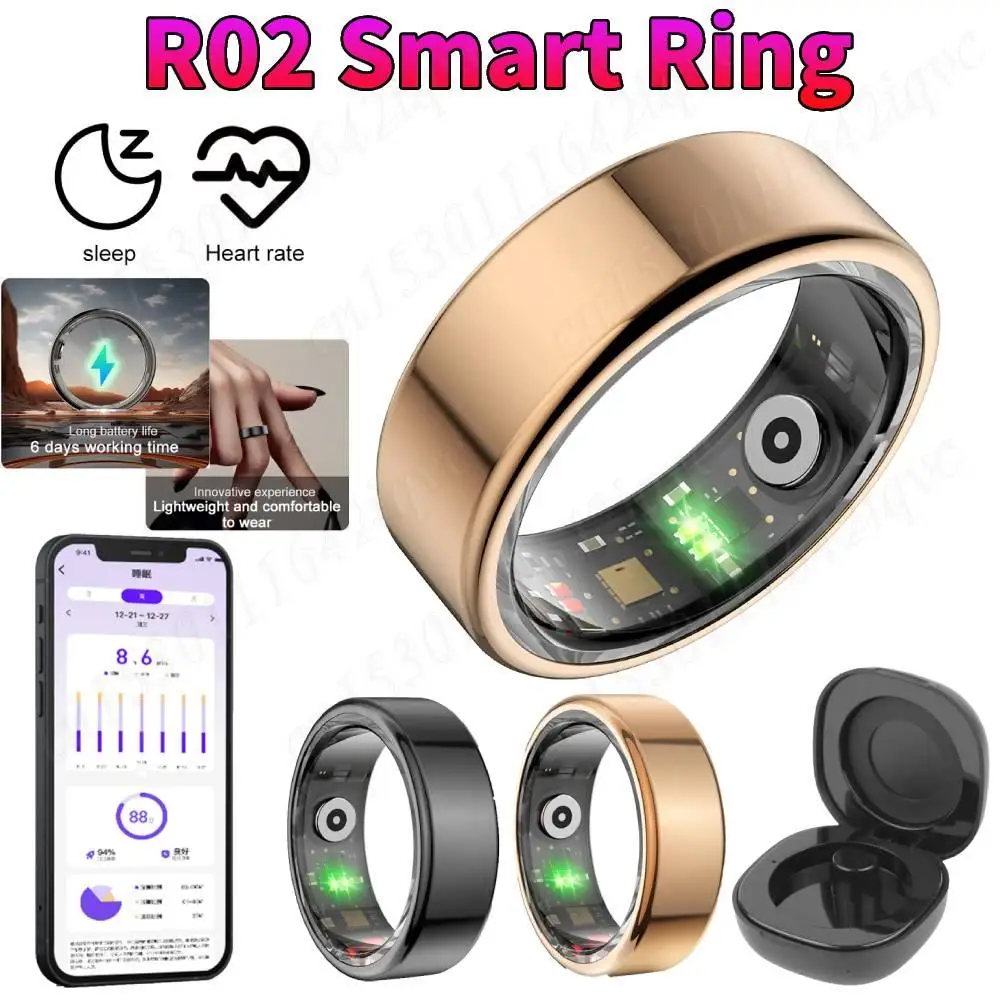 R02 Smart Ring with Charging Case Fitness Ring IP68 & 5ATM Waterproof Blood Oxygen Tracker Multi-sport Modes for Android IOS