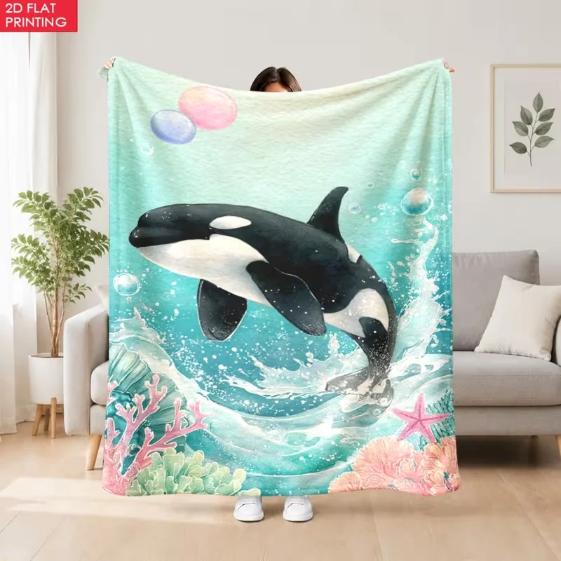Watercolor Orca Killer Whale Ocean Blanket Teal Coral Starfish Wave Print Soft Warm Blanket Bedroom Sofa Blanket All Season