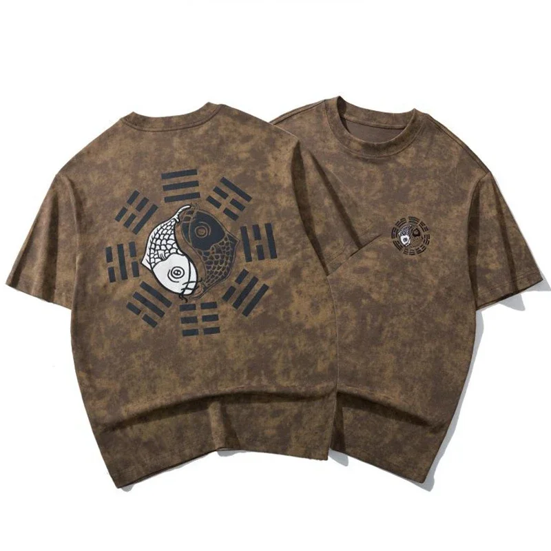 Lyprerazy Chinese Style Carp Embroidered Retro Short-Sleeved T-Shirt Summer Loose Cotton Top Tees