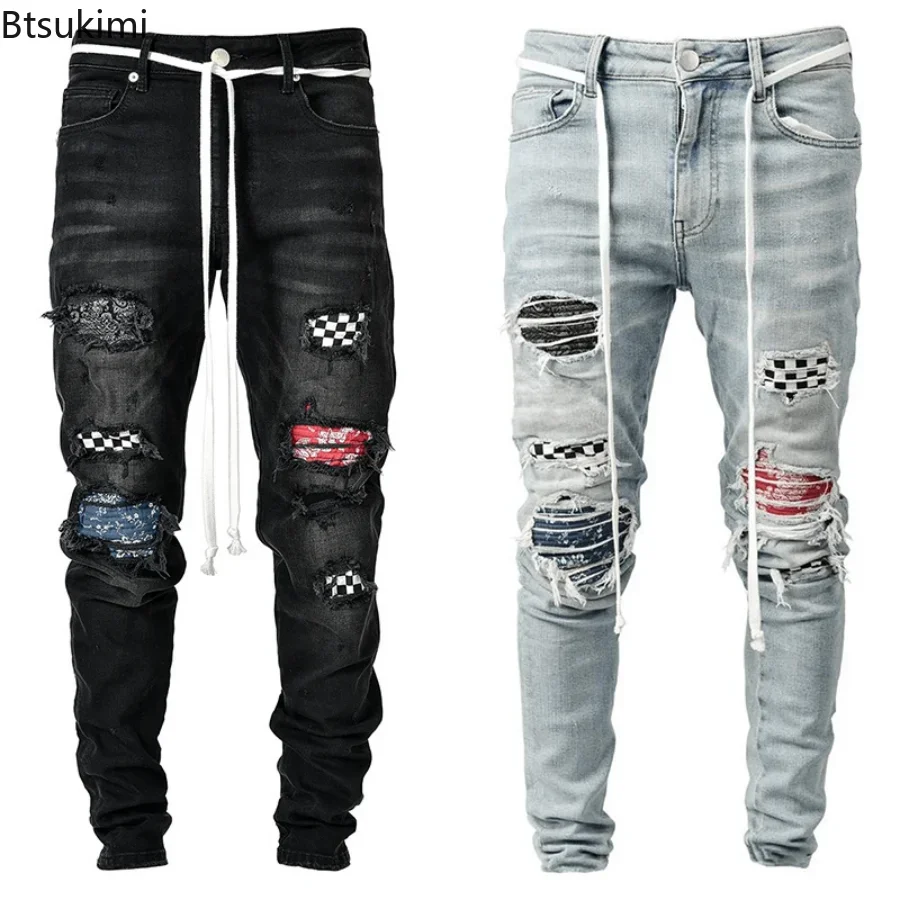 New 2024 Men's Skinny Ripped Jeans Grid Beggar Patches Slim Fit Stretch Casual Denim Pencil Pants Painting Jogging Trousers Male