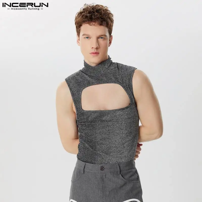 2024 Men Tank Tops Shiny Turtleneck Sleeveless Hollow Out Streetwear Summer Male Vests Fashion Casual Men Clothing S-3XL INCERUN