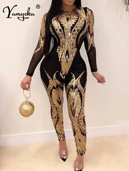 Sexy manga longa lantejoulas bodycon macacão feminino corpo bodysuit uma peça festa de aniversário boate outfits das mulheres macacões em geral