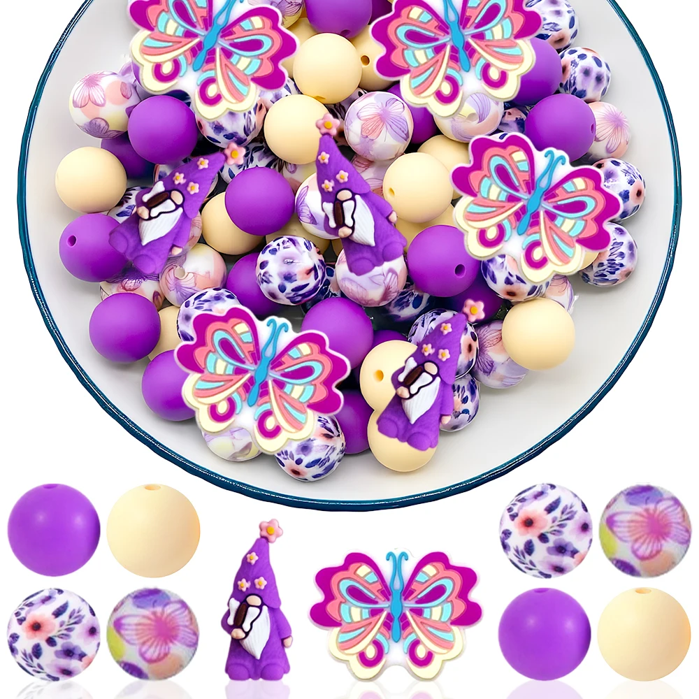 28-teiliges Set aus gelben und violetten Zwerg-Silikonperlen zum Selbermachen von Halsketten, Armbändern, Stiften, Schmuckanhängern usw. Geburtstagsgeschenk für die Feiertage – Detail 1