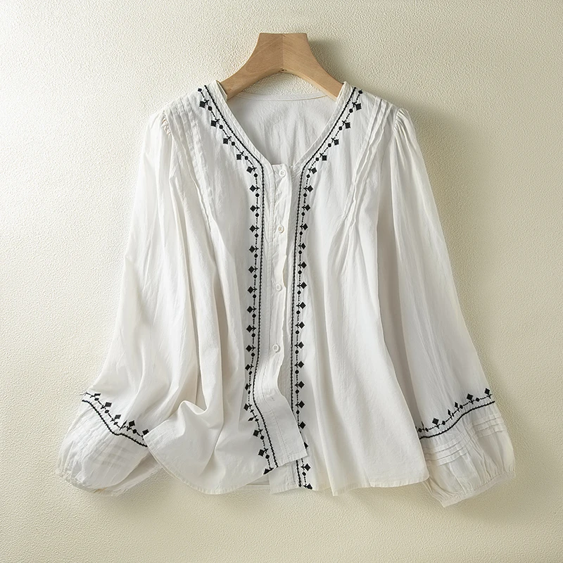

Pure Cotton Long Sleeve Embroidered Shirt Lantern Sleeve Ethnic Style Top Ageless Design Commute Style Loose Fit Spring Summer