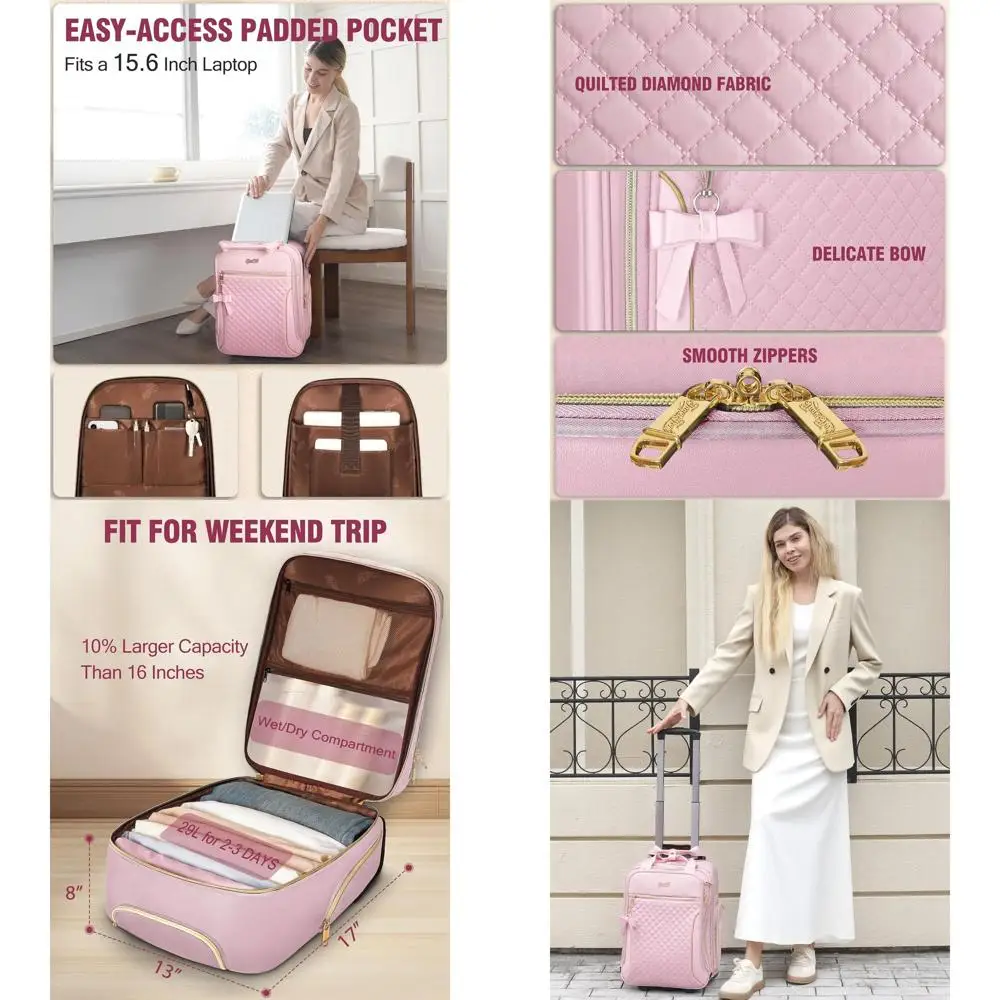 

Легкий розовый чемодан для ручной клади под сиденьем с колесиками и несколькими карманами для женщин, путешествий и бизнеса