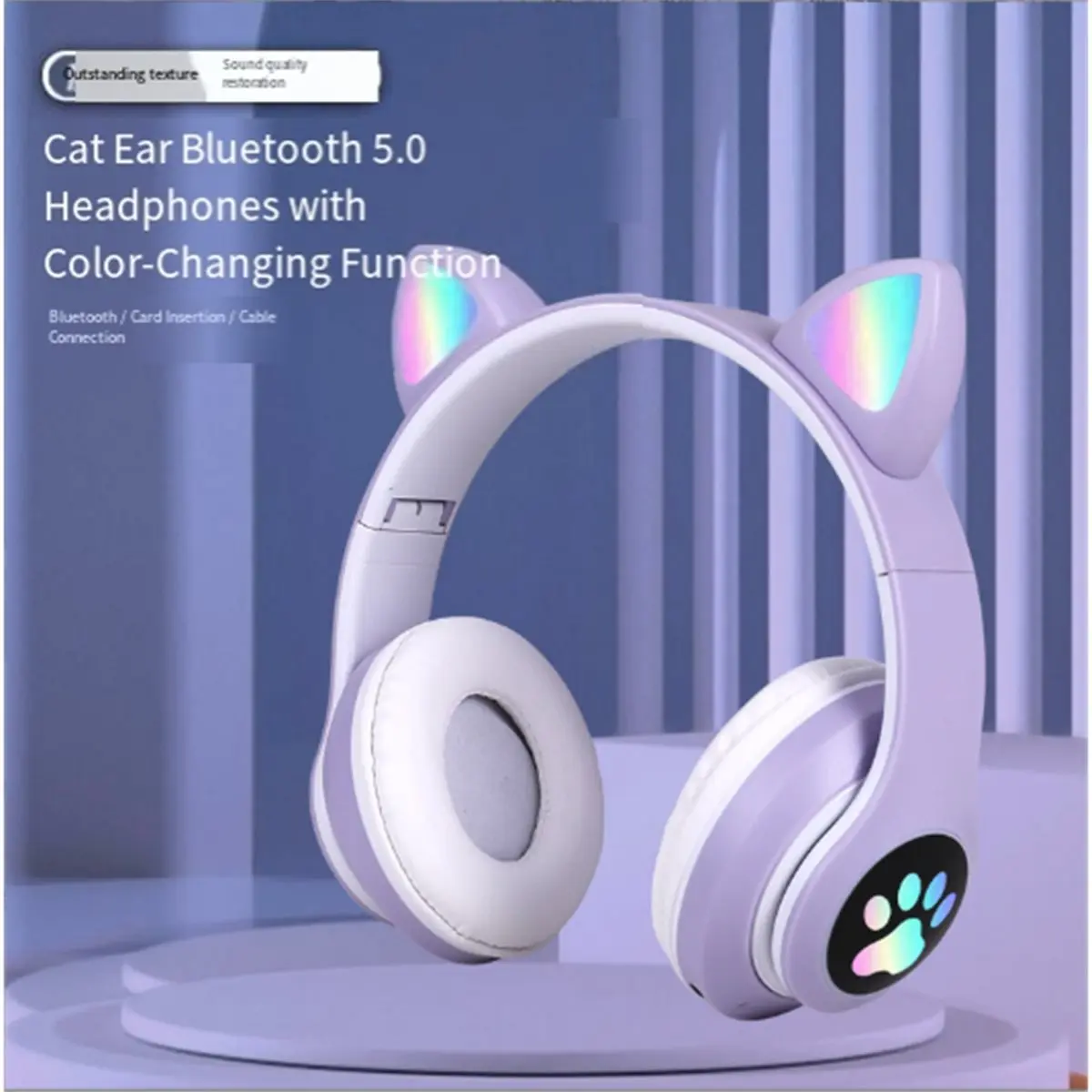 DT75BG Cute Cat Ear Bluetooth Compatible Headset with LED Wireless Headset Stereo Folding Sports Headset with Microphone