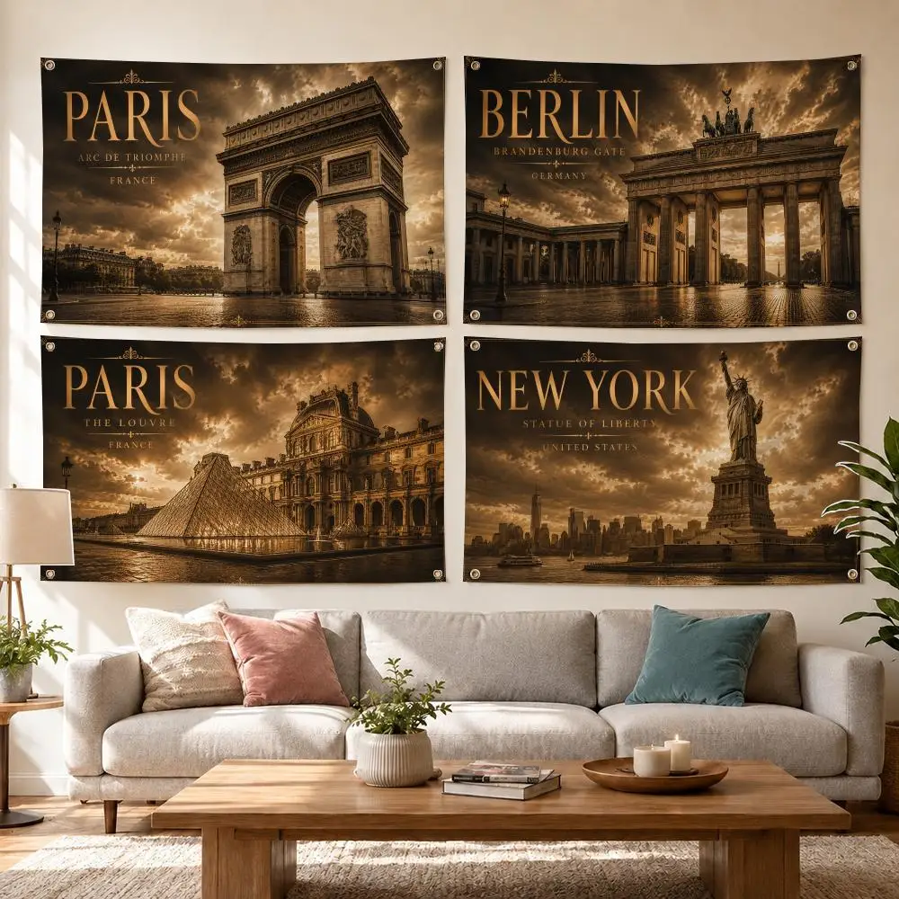 European American Travel Landmark Collection Garage Flags for Bedrooms Outdoor Decor Tapestry Flaga Advertising Barber Shop