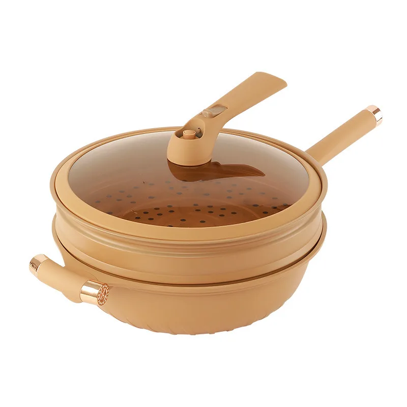 Terracotta Micro Pressure Wok Pan Transparent Glass Lid Multifunctional Cooking