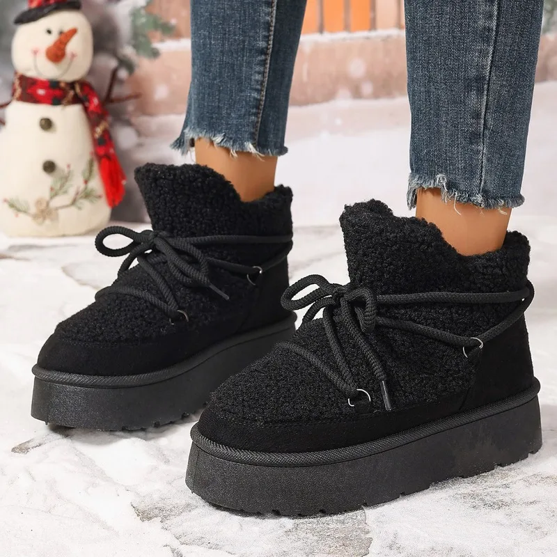 Winter New Thick Snow Boots Women\'s Round Head Sleeve Splicing Suede Front Strap Anti-slip Wear-resistant Short Boots