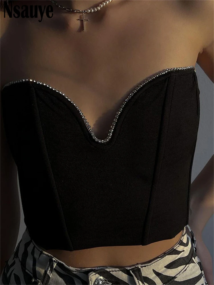 Nsauye Y2K Sleeveless Vintage Bustier Corset Tops Women Night Club Sexy Backless Off Shoulder Diamonds Black Tube Crop Tops 2022