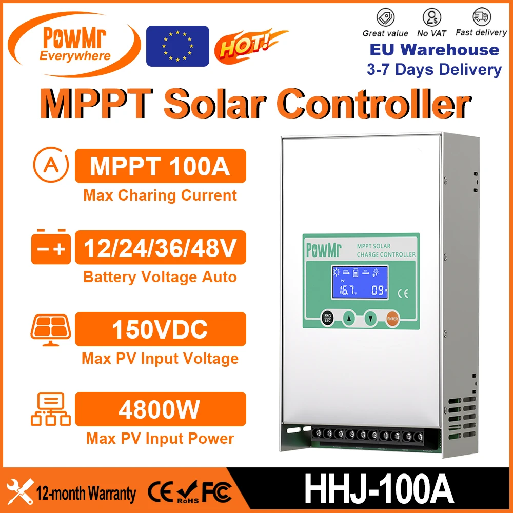 PowMr Régulateur de charge solaire MPPT 100A 12/24/36/48V détection auto batterie plomb & LiFePO4 écran LCD puissance PV max 4800W tension PV 20-150V gestion charge temporisée protections complètes pour camping-car stockage solaire hors réseau extérieur