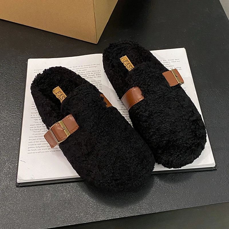 ฝาครอบ Toe Fur รองเท้าสตรีรองเท้าแตะสไลด์กลางแจ้งรองเท้า Plush สุภาพสตรีรองเท้าแตะ Flip Flops Cover Toe Plush