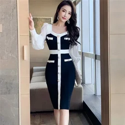 High Quality Korea Autumn New Fashion 2024 Women Full Sleeve Black White Patchwork Pearl Button Elegant Knee-length Party Dress