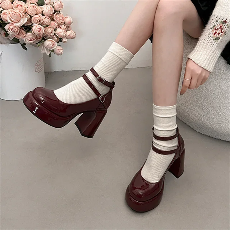 Trendy High Heels 2024 Autumn New Mary Jane Solid Color Thick High Heels Double Button Design Comfortable High Heels Women's