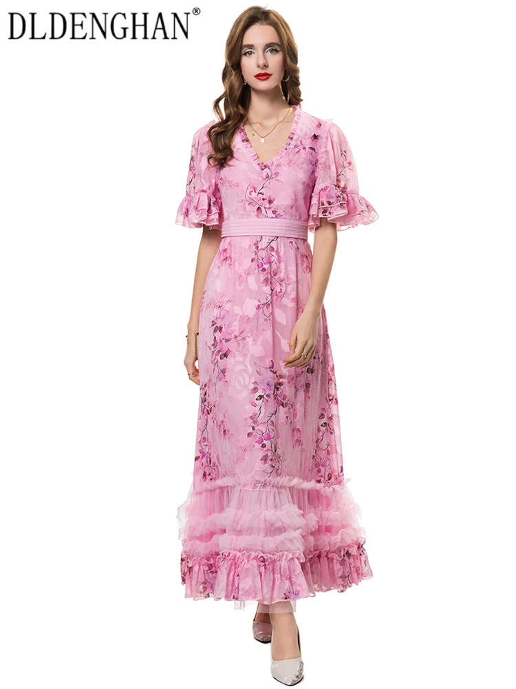 

DLDENGHAN Mesh Patchwork Jacquard Dress For Women V-Neck Flare Sleeves Ruffles Floral Print Vintag Party Dresses Fashion Female