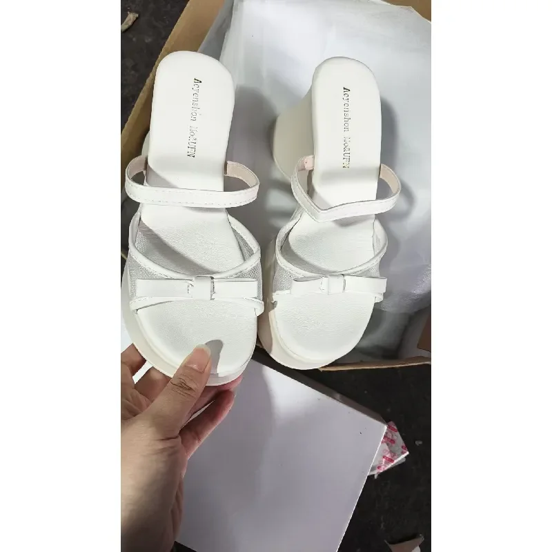 

Women's Wedge Sandals Bowknot Platform Slippers Elegant Summer Slides Double Strap Beach Shoes Dressy Mules for Ladies
