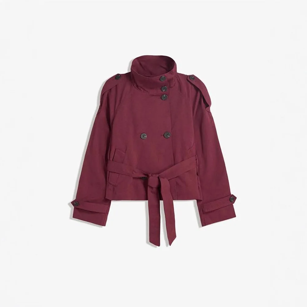 جديد خريف 2025 معطف نسائي أنيق بياقة واقفة مزدوجة الصدر بحزام الخصر مقصوص معطف خندق الكتف ملابس خارجية غير رسمية للشارع #3