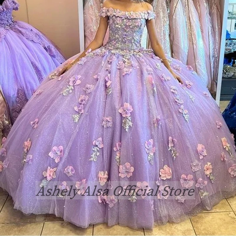 Charming Lilac Princess Girl Quinceanera Dresses Cap Sleeve 3D Floral Lace Up Puffy Skirt Women Party Prom Dress Formal Wear