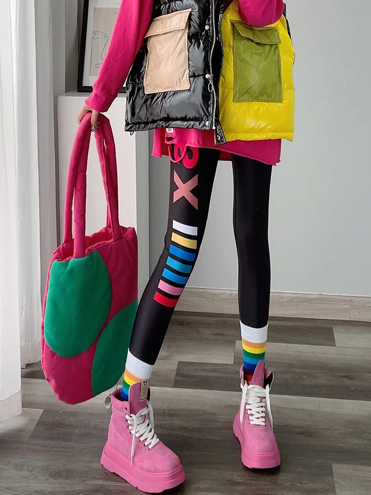 Leggings da donna a vita alta sottili primavera autunno Faionable Lettera stampata Pantaloni a nove punti Pantaloni floreali alla moda Poliestere Spa...