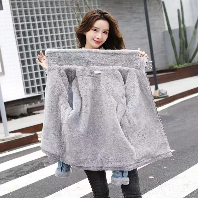 2024 Winter New Lambswool Plus Velvet Padded Denim Coat Female Joker Korean Version Of Online Celebrity Little Cotton-padded Top