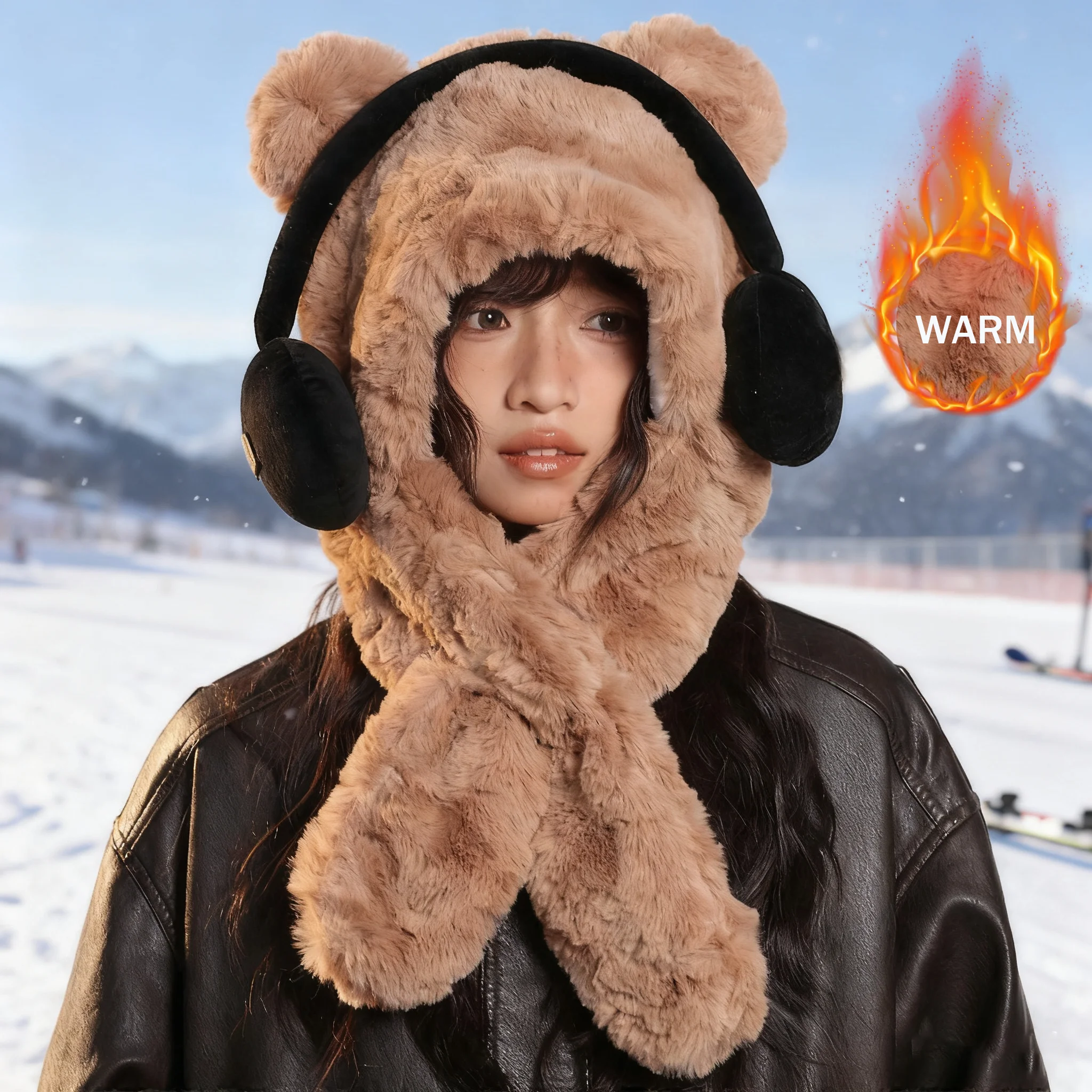 Bear with Headphone Hoodie Hat Scarf Set for Girls Winter Thickened Plush Earmuffs Warm Cap for Children Outdoor