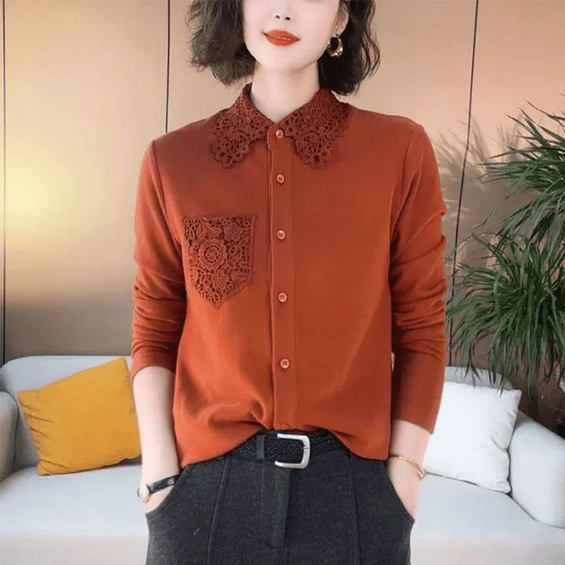 

Fashion 2026 Temperament Hook-flower Design Shirt Women Autumn Korean New Casual All-Match Long Sleeve Bottoming Shirt Female