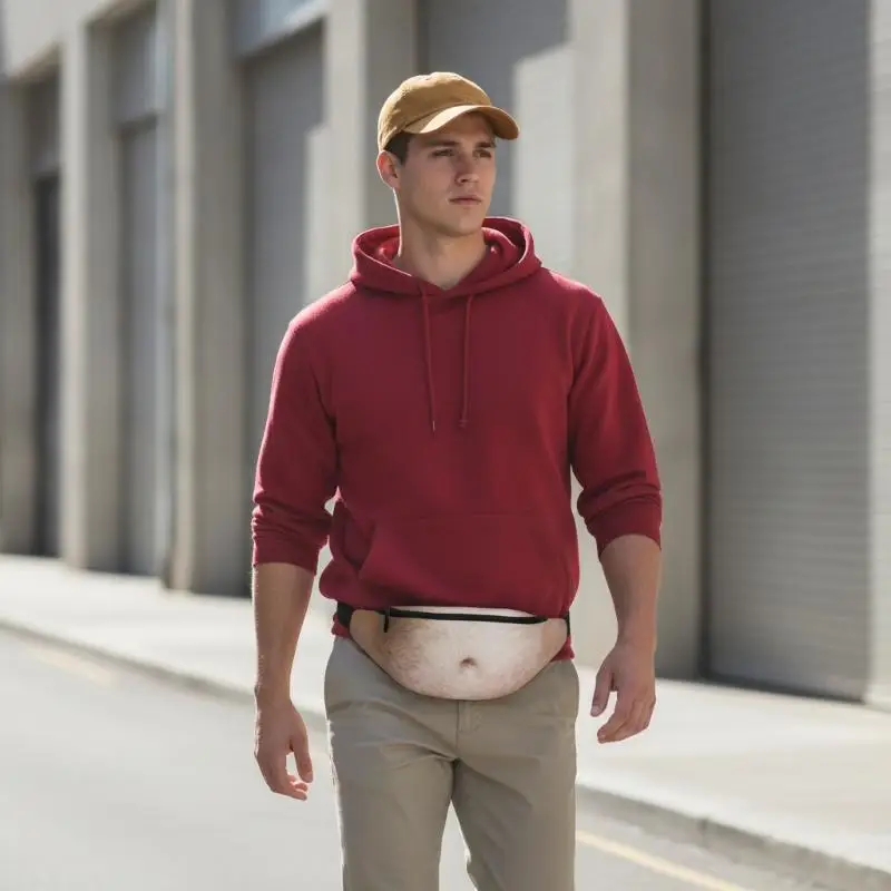 Lustige Bauchtasche für Männer und Frauen, PU-Leder, faltbar, leicht, mit verstellbarem Riemen, Reißverschluss, Scherzgeschenk für Partys. – Detail 8