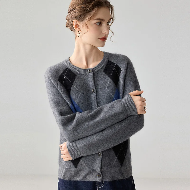 100% cashmere cardigan women's knitted 2026 autumn diamond pattern European luxury color block knitted sweater jacket for warmth