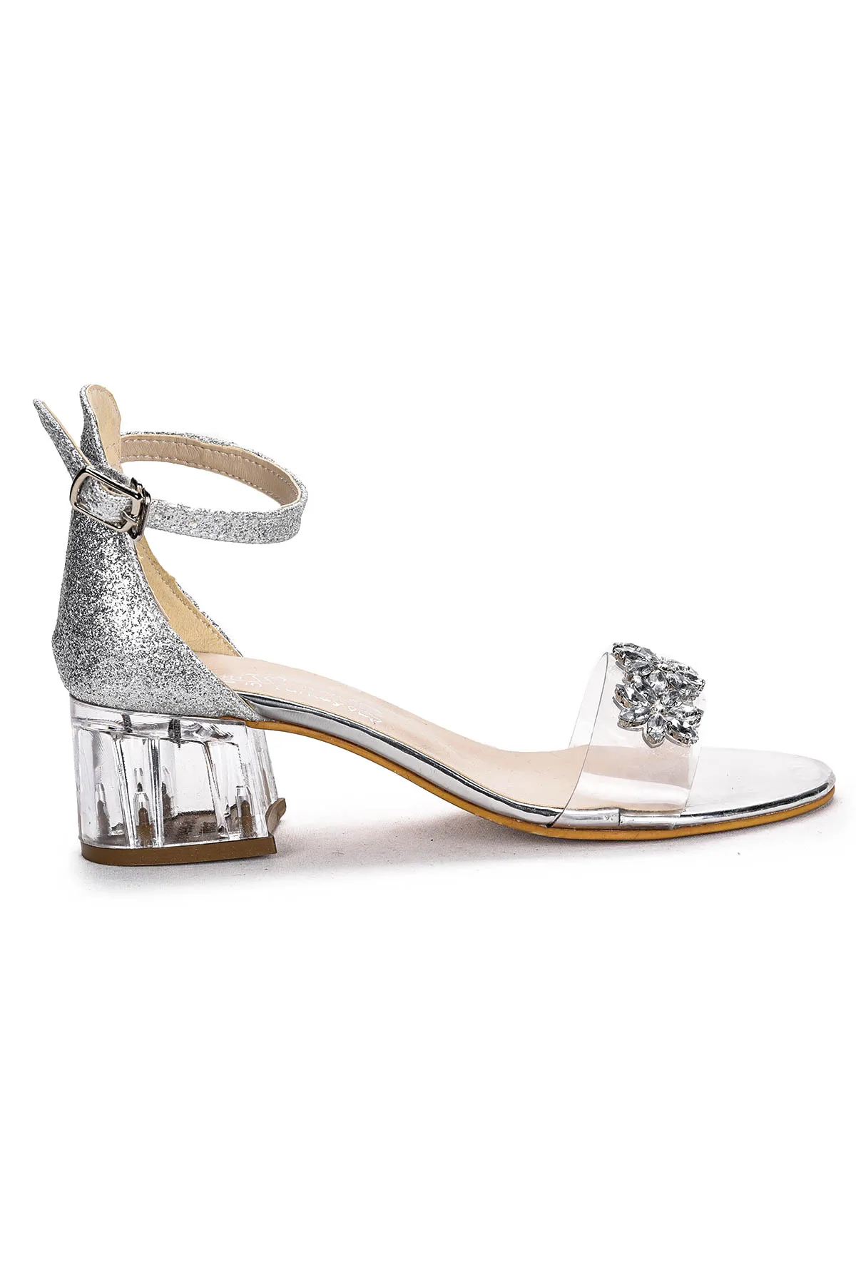 Kiko Kids 790 Sand Silvery Stone Girl Children's 3 Cm Transparent Heeled Sandals Shoes