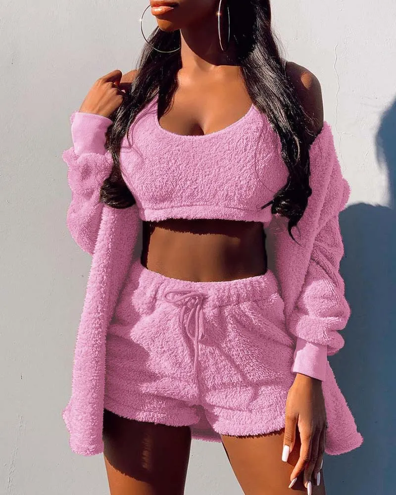 New Spring Women\'s Velvet Pajamas Set Crop Top+Shorts+Coat 3 Pieces Suit Warm Soft Fleece Homewear Pyjamas Loungewear S-3XL