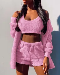 New Spring Women's Velvet Pajamas Set Crop Top+Shorts+Coat 3 Pieces Suit Warm Soft Fleece Homewear Pyjamas Loungewear S-3XL