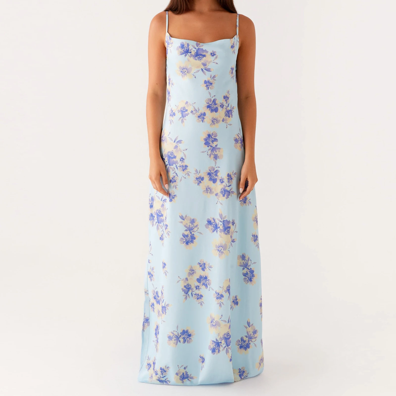 Boho ผู้หญิงฤดูร้อนชุด Cami ยาวแขนกุดเปิดกลับดอกไม้พิมพ์สปาเก็ตตี้ชุดเซ็กซี่ชุดเปลือย Clubwear