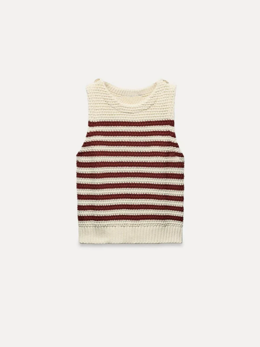 سترة نسائية صيفية جديدة ضيقة بدون أكمام برقبة مستديرة، محبوكة بنمط مخطط قصير الطول، أزياء نسائية عصرية