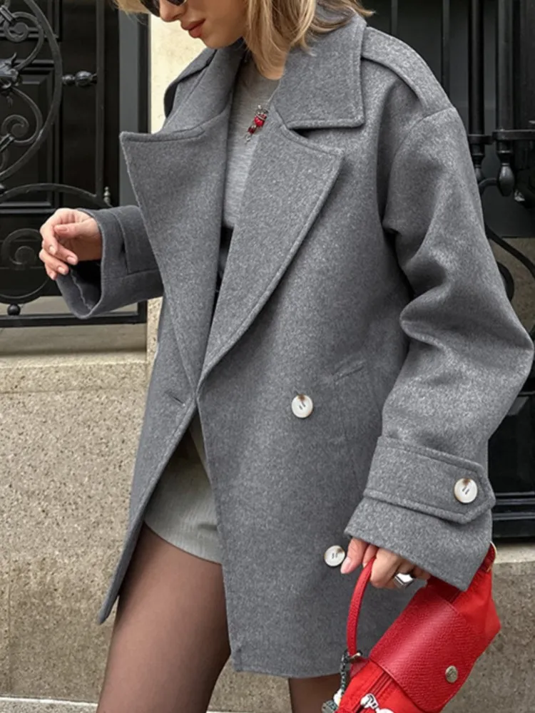 Grauer Woll-Blazer-Mantel für Damen, elegant, Vintage, zweireihig, langärmelig, Mantel 2025, neuer Frühling, Büro-Dame, lässige Anzüge, Oberbekleidung