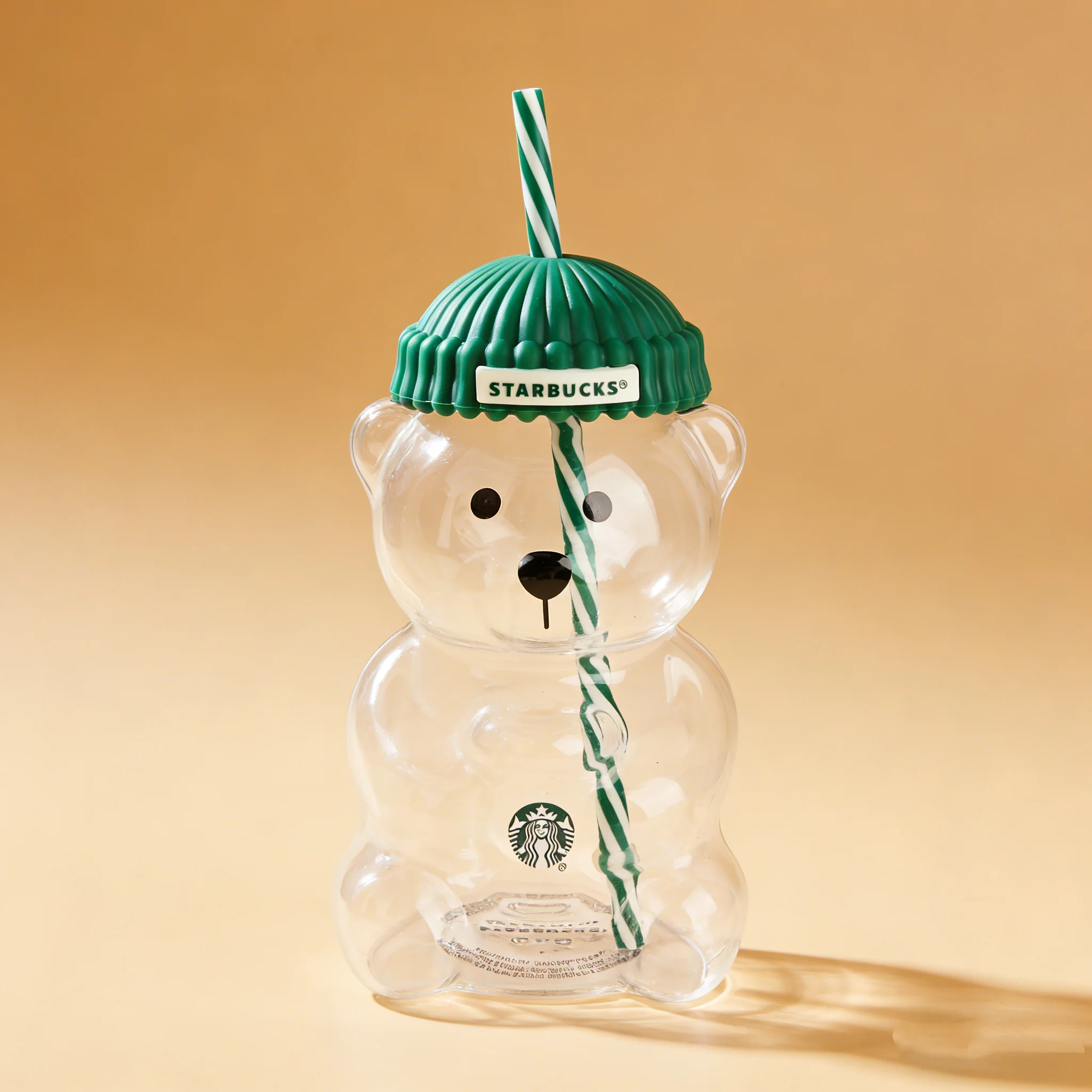 Starbucks Bearista Bear 591ml Glass Cup Green Hat Lid Straw Iced Coffee Home Gift