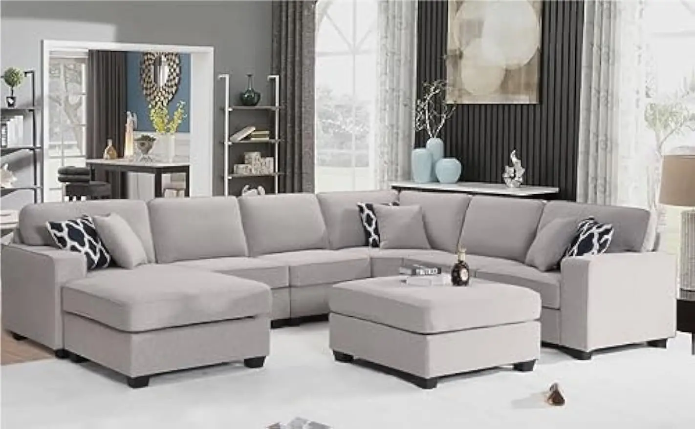 Fabric Flexible Combination Module Reversible U Shaped Sofa for Living Room, Grey Sectional