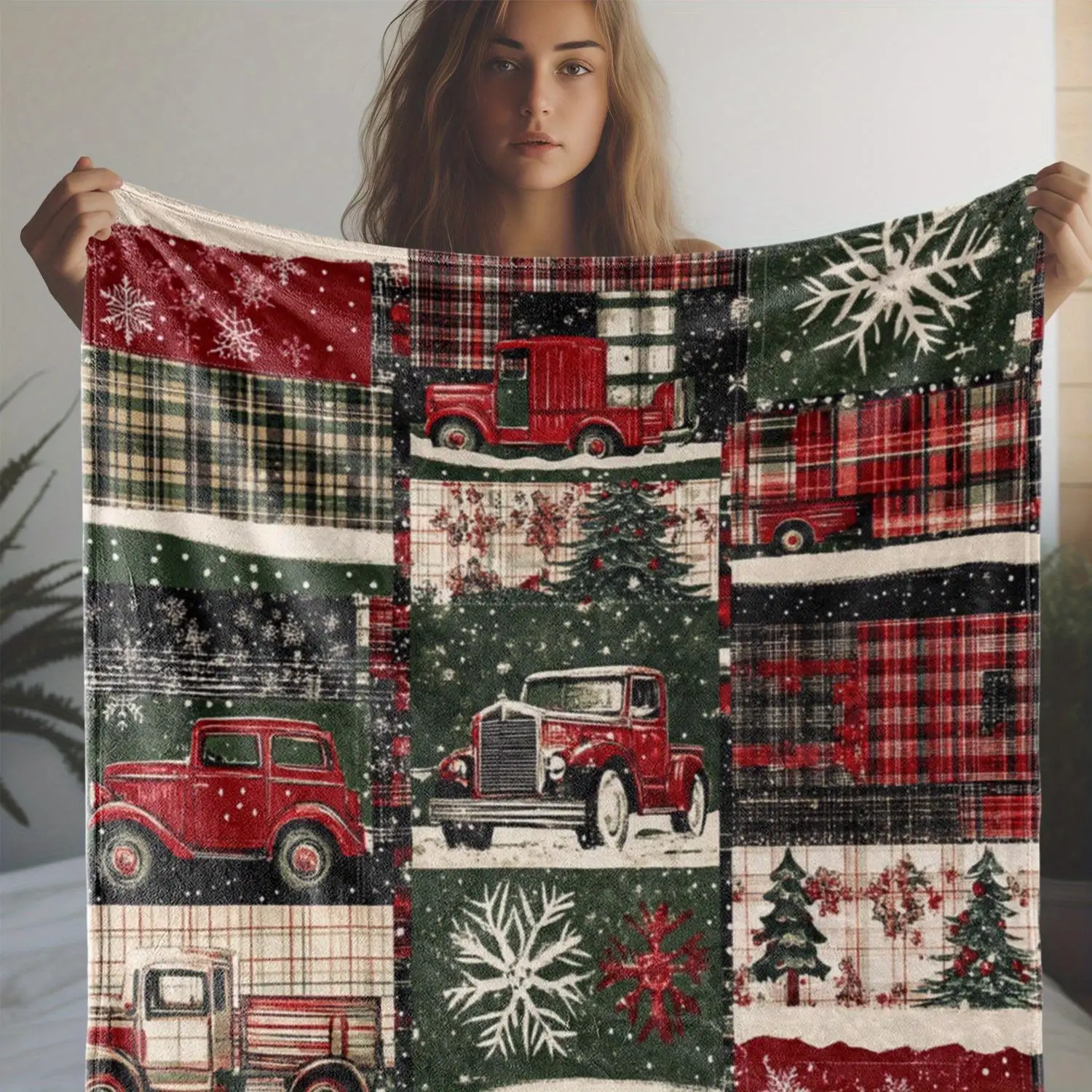 Couverture de Noël en glouton confortable avec arbre de voiture vintage et design flocon de neige, jeté doux et chaud pour canapé, lit, bureau, camping, polyvalent