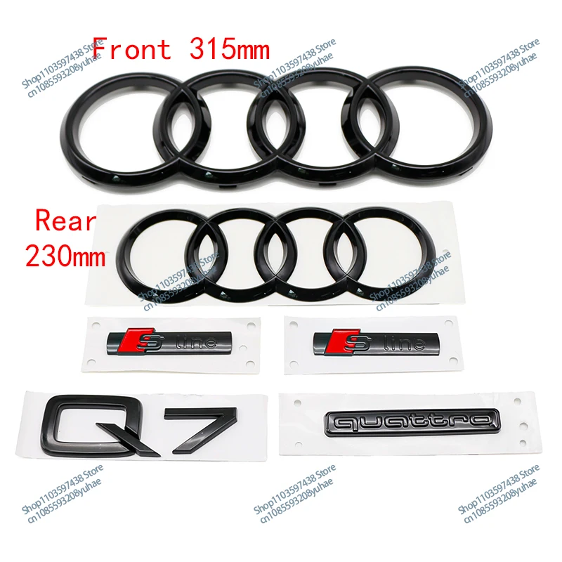 6Pcs Auto Accessories For Audi Q7 2016-2023 Sline Side Car Badge 4-Ring Front Grille Badge 315mm Rear Trunk Logo Sticker 230mm