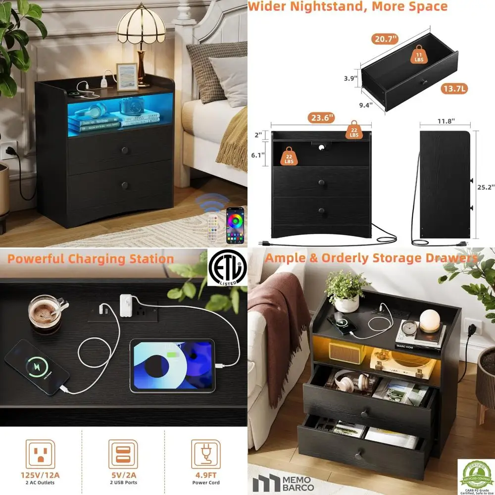 

Современная деревянная тумбочка с двойным хранилищем, USB-зарядкой и светодиодным освещением