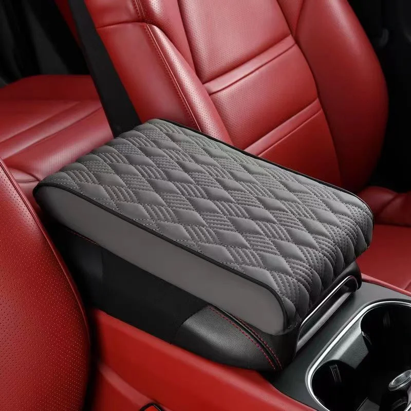 New Leather Memory Foam Car Armrest Mat Booster Console Universal Center Cushion Stripe Rhombus Embroider Armrest Seat Box
