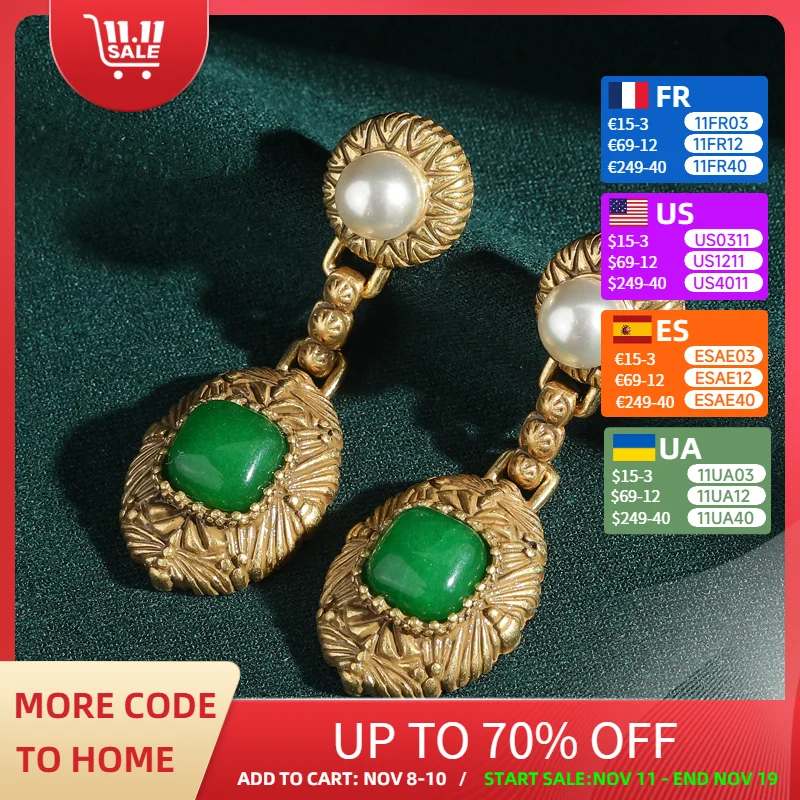 

Vintage Natural Stone Green Earring Pearl Gold Color Water Drop Luxury Jewelry Designer Charms Palace Trendy 2025 Unique Party
