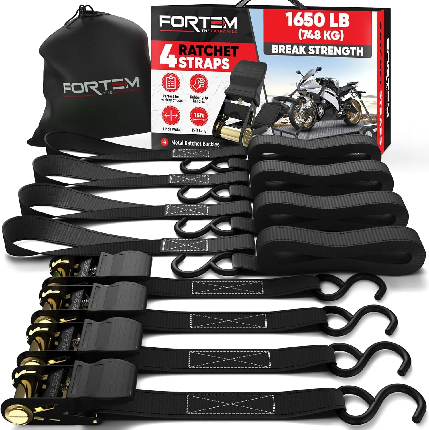 

Heavy-Duty Ratchet Straps Set, 4 Pack 15ft x 1in with Soft Loops and Cam Buckles for Secure Cargo Transport